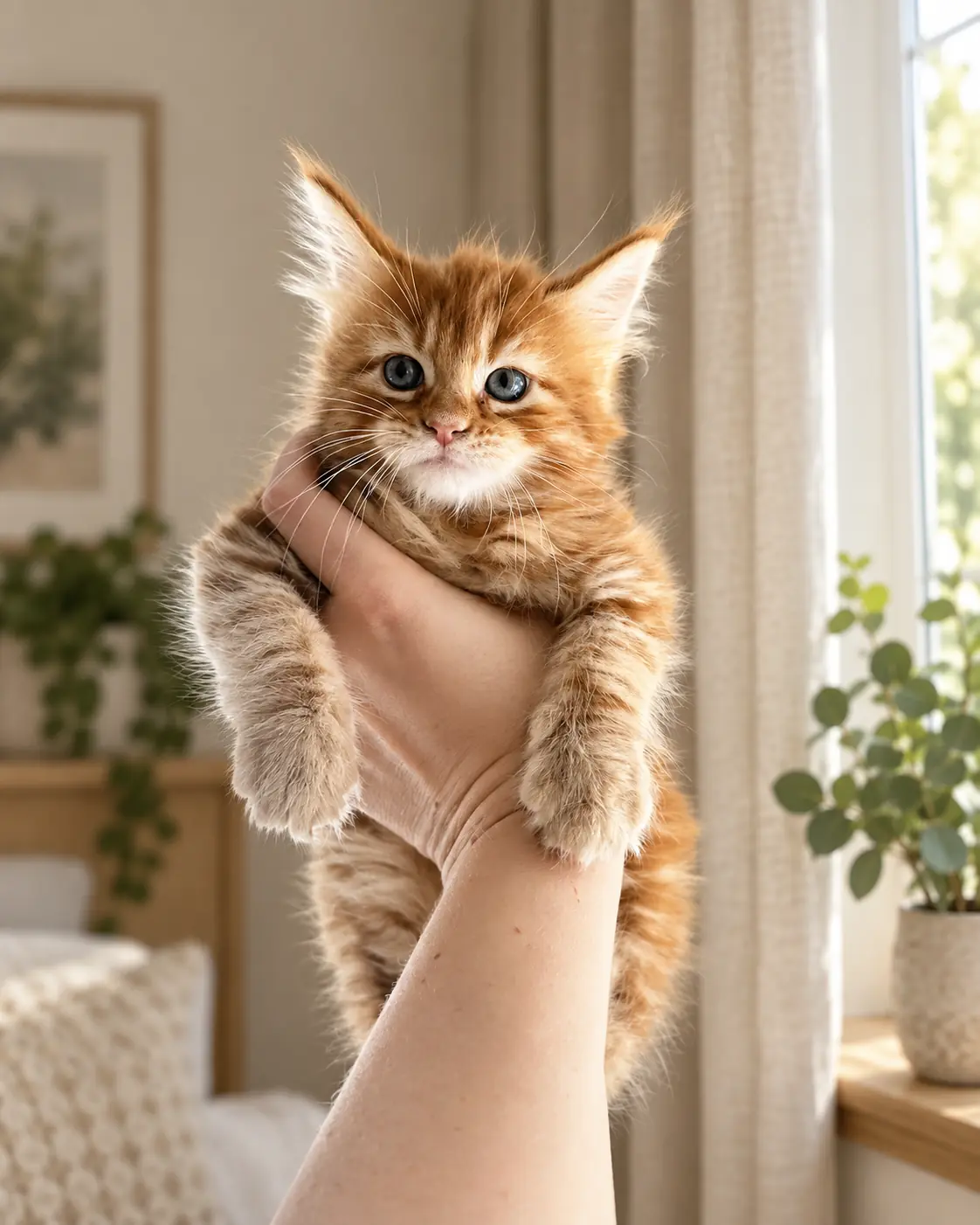 Рыжий котёнок мейн-кун на руках