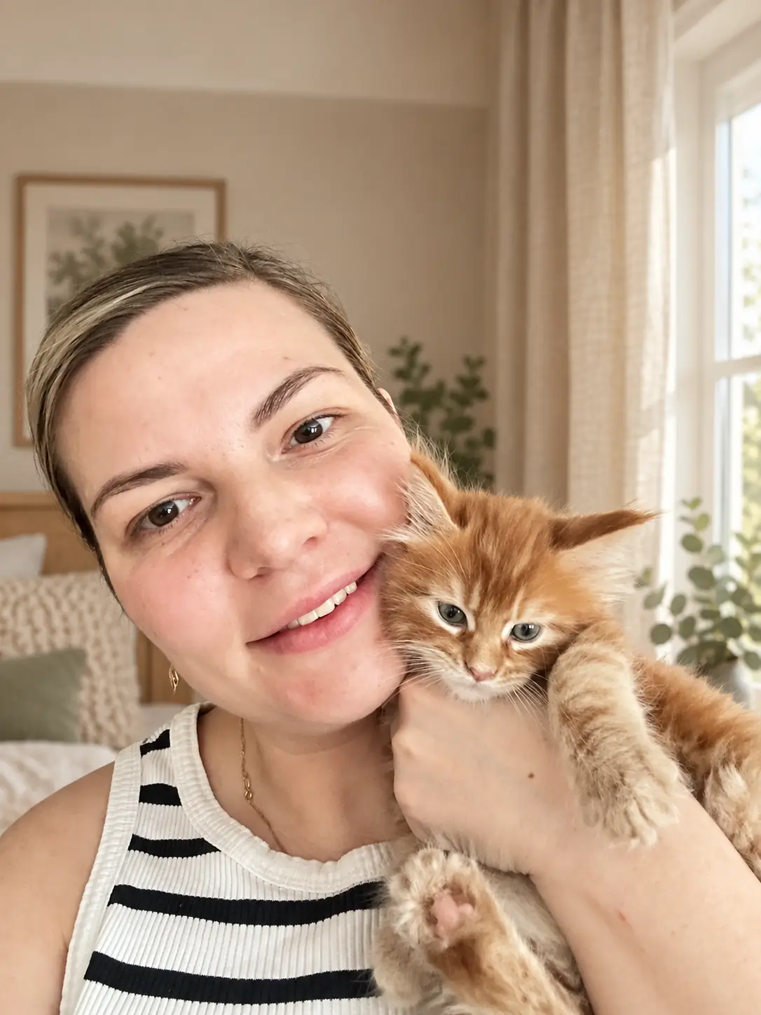 Юлия держит дома рыжего котёнка породы мейн-кун